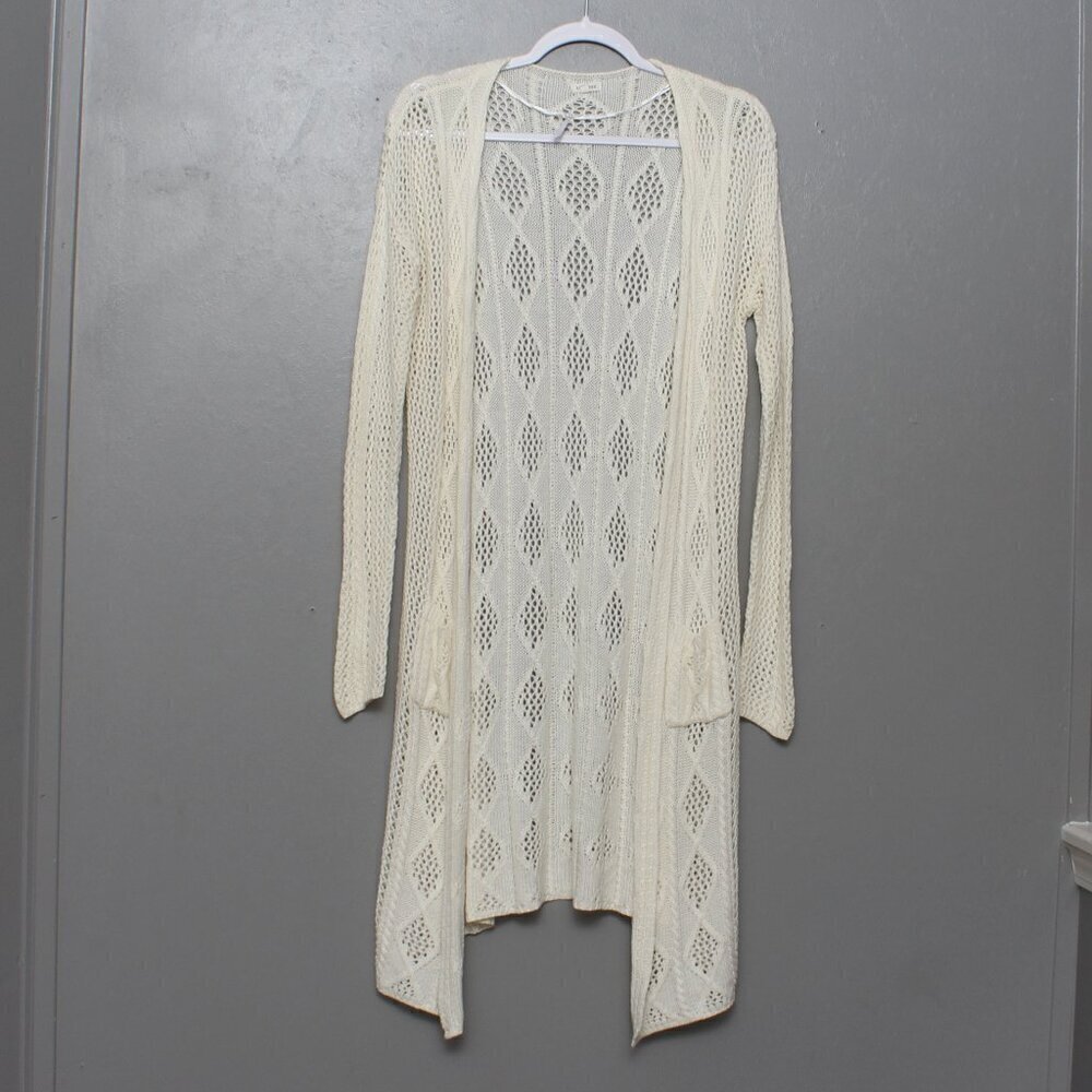 En creme white crocheted long cardigan